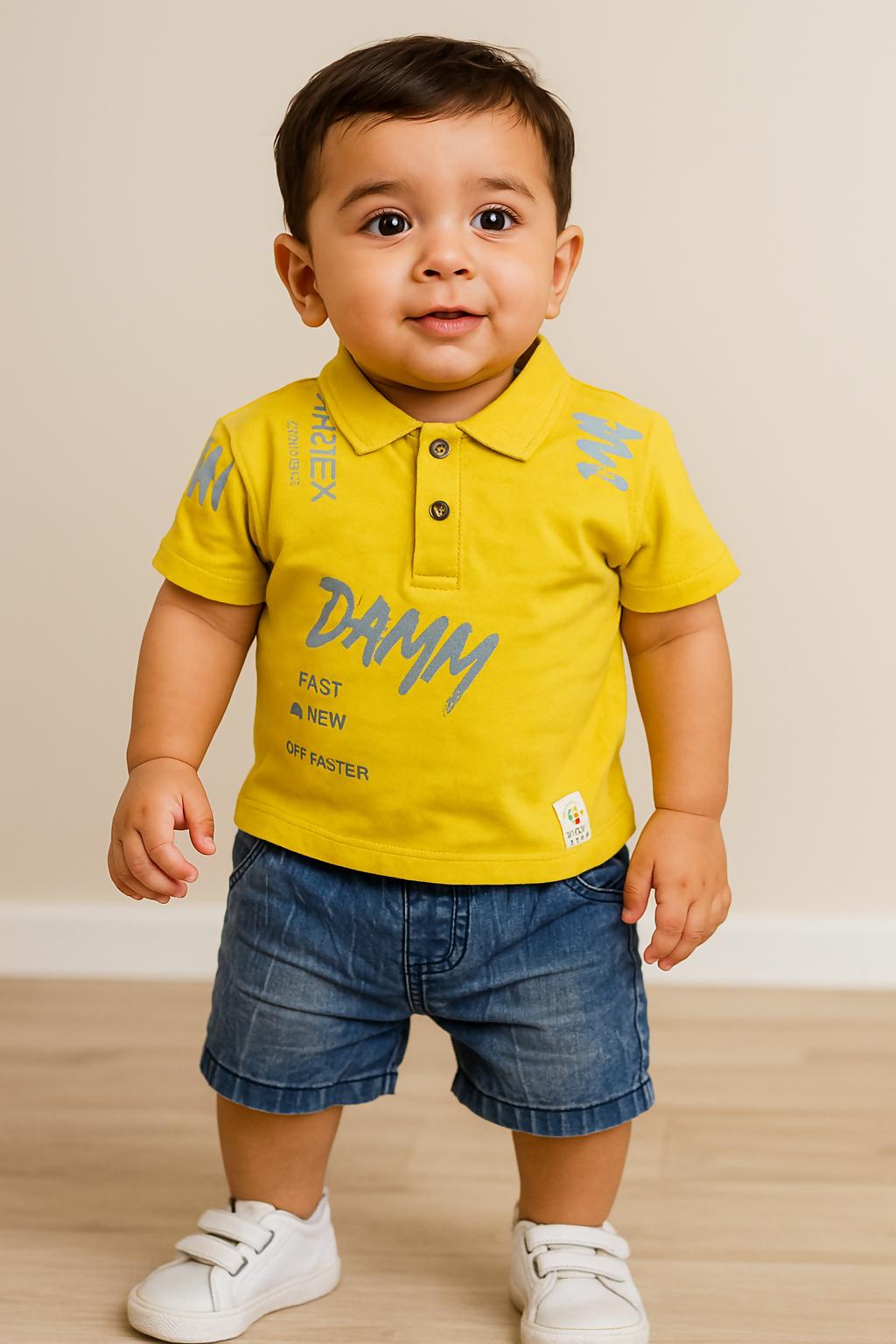 Baby Cotton Yellow T-Shirt & Shorts Kuti Set For Kids
